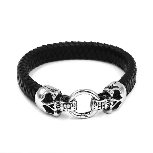 Gothic Double Skull Leather Bracelet / Stainless Steel Jewelry / Vintage Braided Biker Bracelet