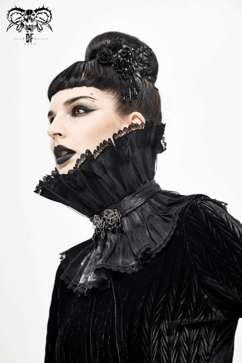 Gothic Drape Mesh Neckwear With Brooch / Unisex Lace High Collar in Punk Style