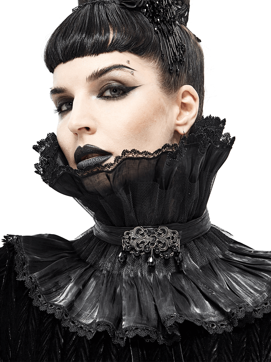 Gothic Drape Mesh Neckwear With Brooch / Unisex Lace High Collar in Punk Style
