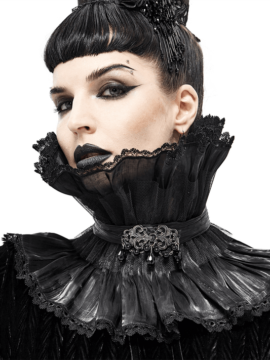 Gothic Drape Mesh Neckwear With Brooch / Unisex Lace High Collar in Punk Style