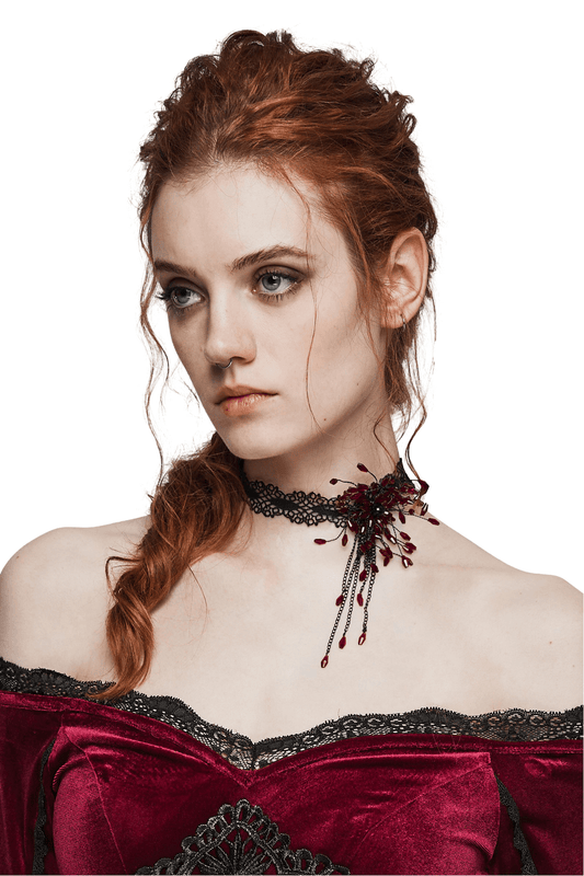 Gothic Edgy Lace Vampire Blood Choker with Flower