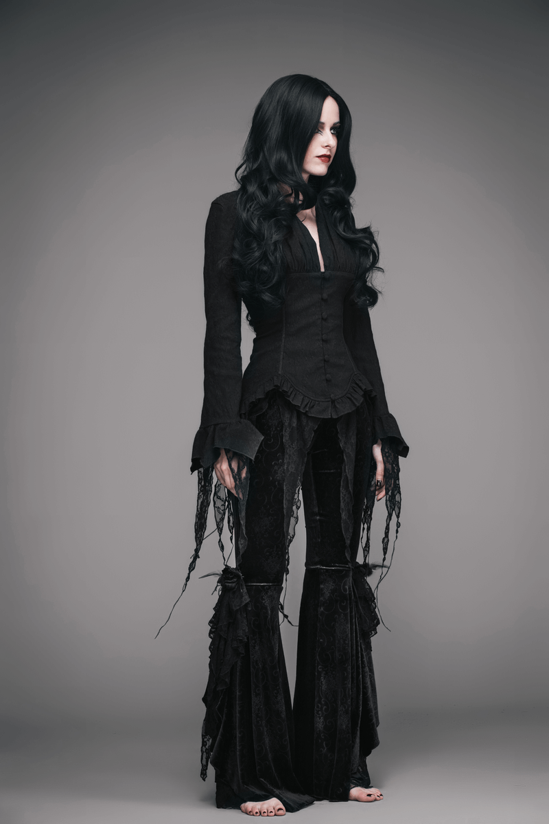 Gothic Elegant Black Deep V Shirt for Women / Vintage Long Sleeve Chiffon Blouses