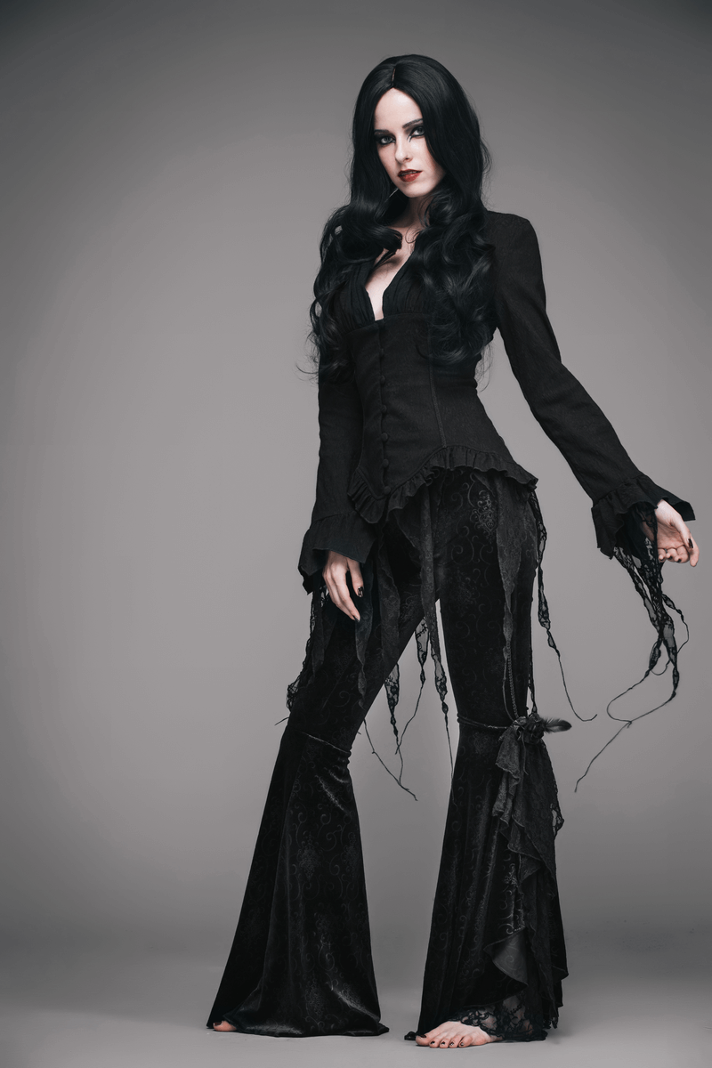 Gothic Elegant Black Deep V Shirt for Women / Vintage Long Sleeve Chiffon Blouses