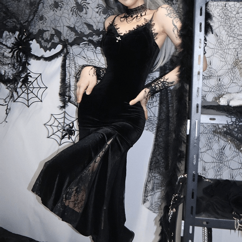 Gothic Elegant Mermaid Women Dress / V-neck Velvet Black Dress