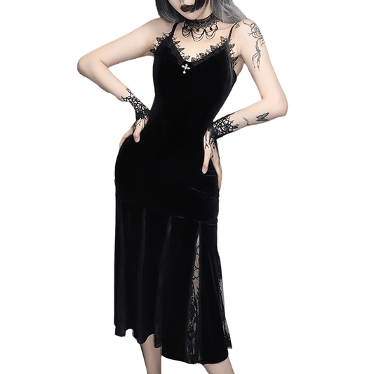Gothic Elegant Mermaid Women Dress / V-neck Velvet Black Dress