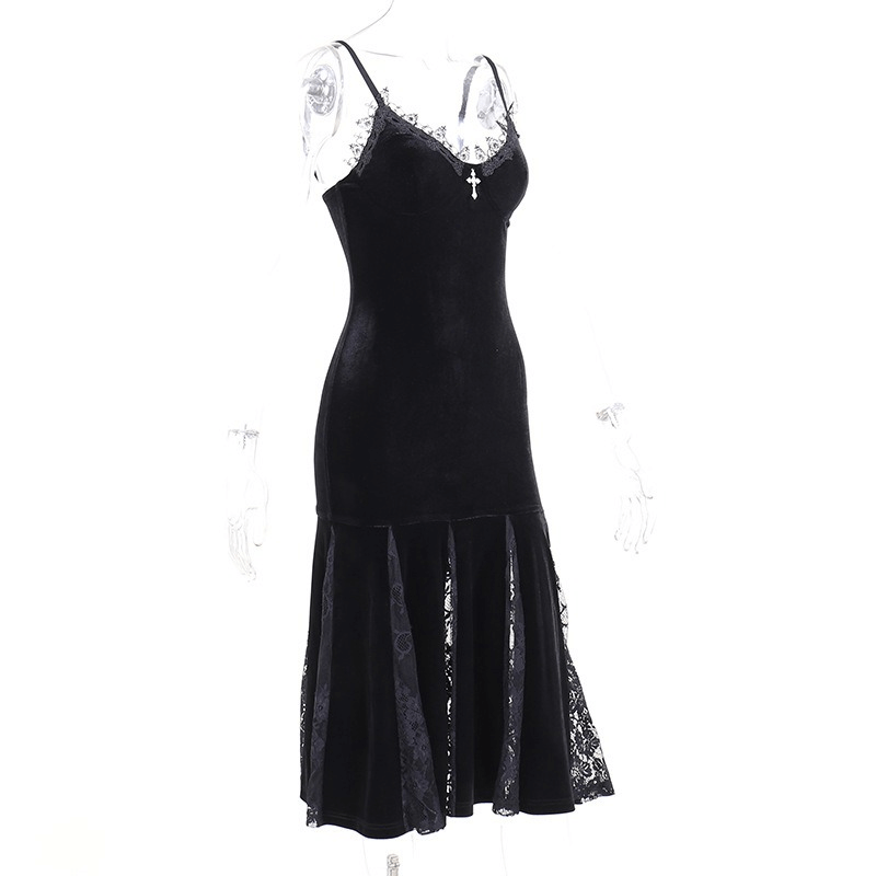 Gothic Elegant Mermaid Women Dress / V-neck Velvet Black Dress
