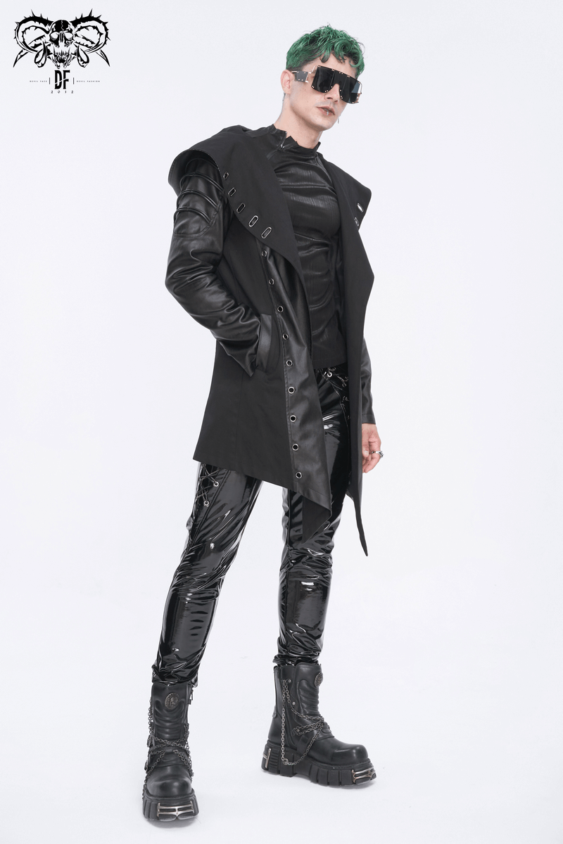 Gothic Fashion Black Irregular Hooded Coat With Eyelets