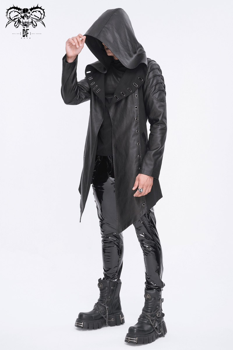 Gothic Fashion Black Irregular Hooded Coat With Eyelets