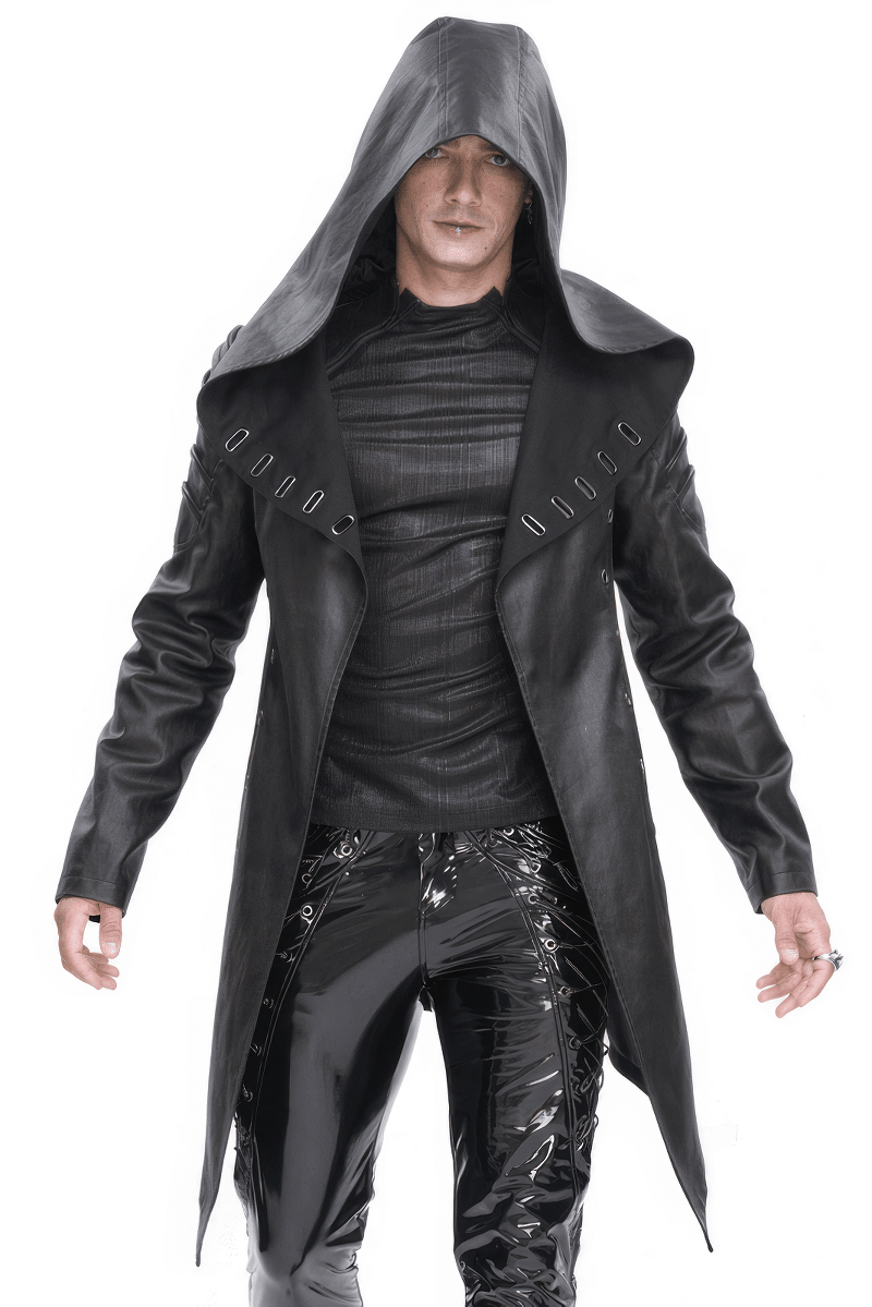 Gothic Fashion Black Irregular Hooded Coat With Eyelets