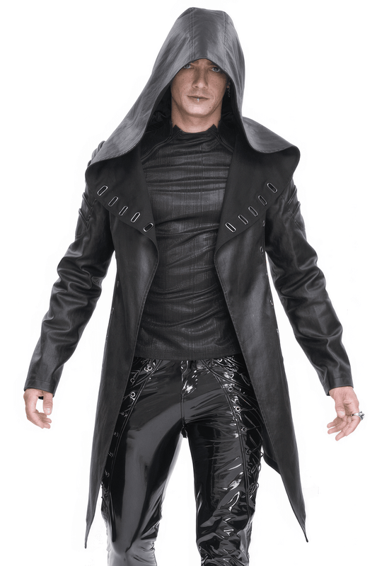 Gothic Fashion Black Irregular Hooded Coat With Eyelets