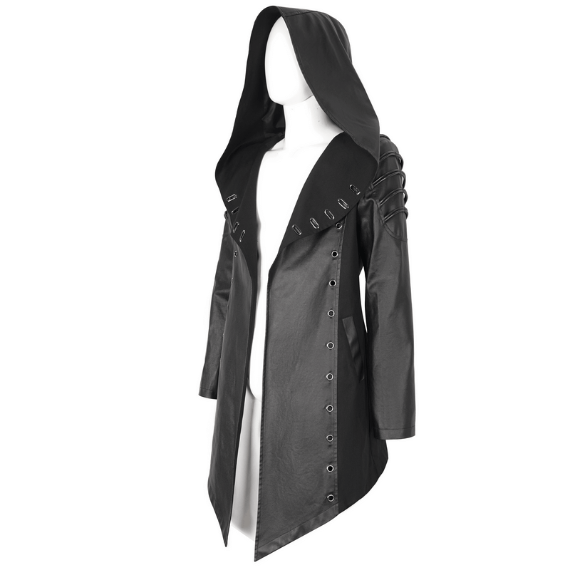 Gothic Fashion Black Irregular Hooded Coat With Eyelets