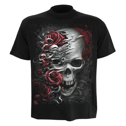 Gothic Fashion T-shirt with 3D Print Skull and Roses / Black T-Shirts Short Sleeve and Round Neck