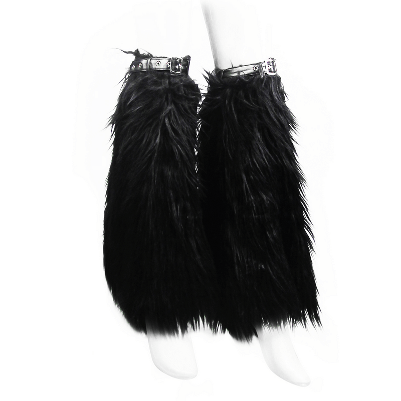 Gothic Faux Fur Adjustable Leg Warmers with Belt Straps / Women's Black Legwarmers with Rivets