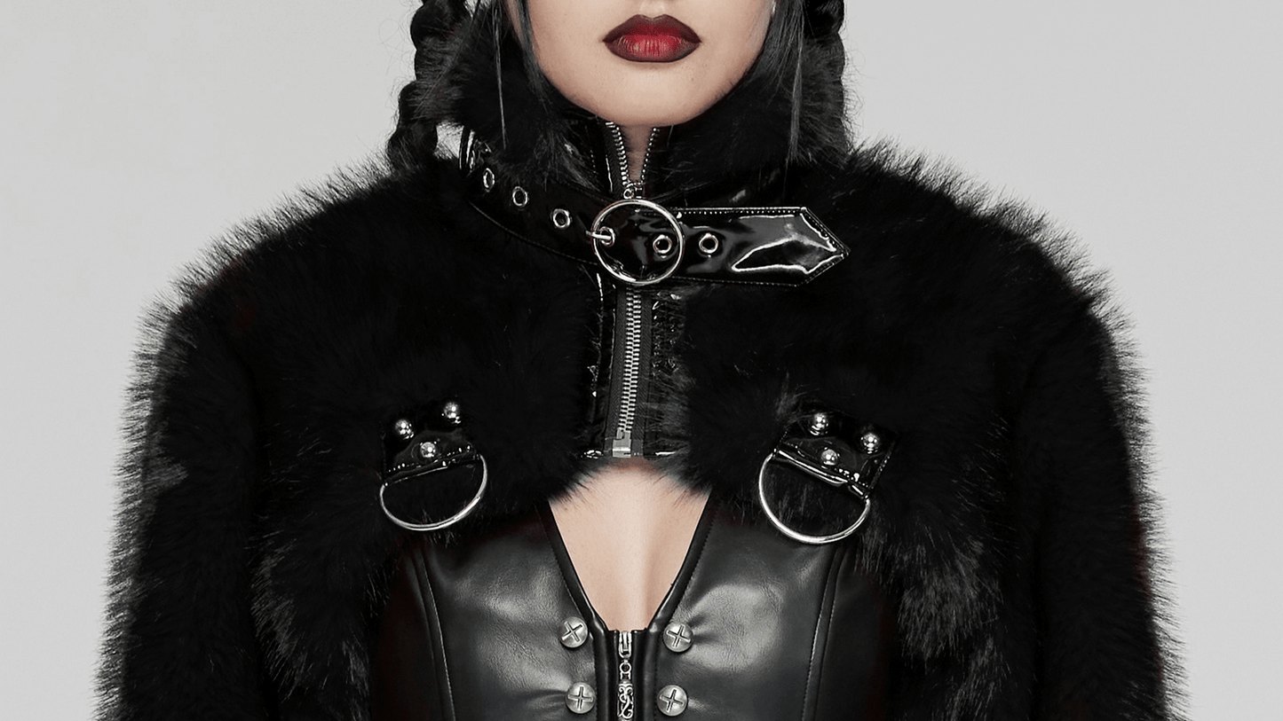 Gothic Faux Fur Cropped Jacket with Zipper and Rivets