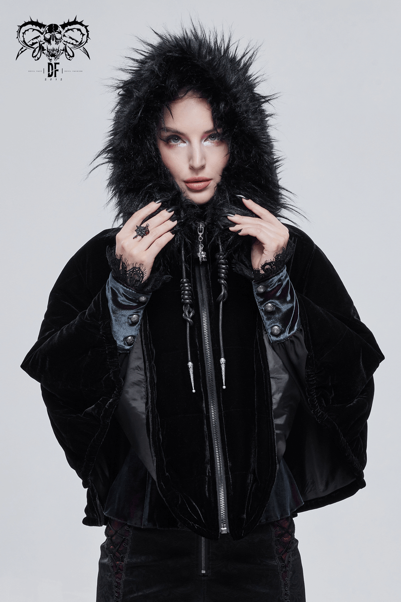 Gothic Faux Fur Hooded Cape / Warm Short Zipper Cape for Women / Alternative Female Clothing