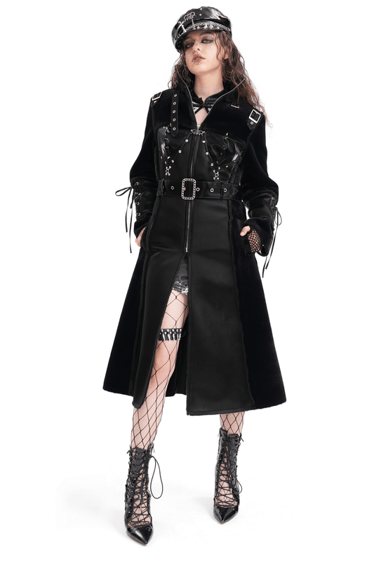 Gothic Faux Leather and Velvet Long Coat with Buckle Detail