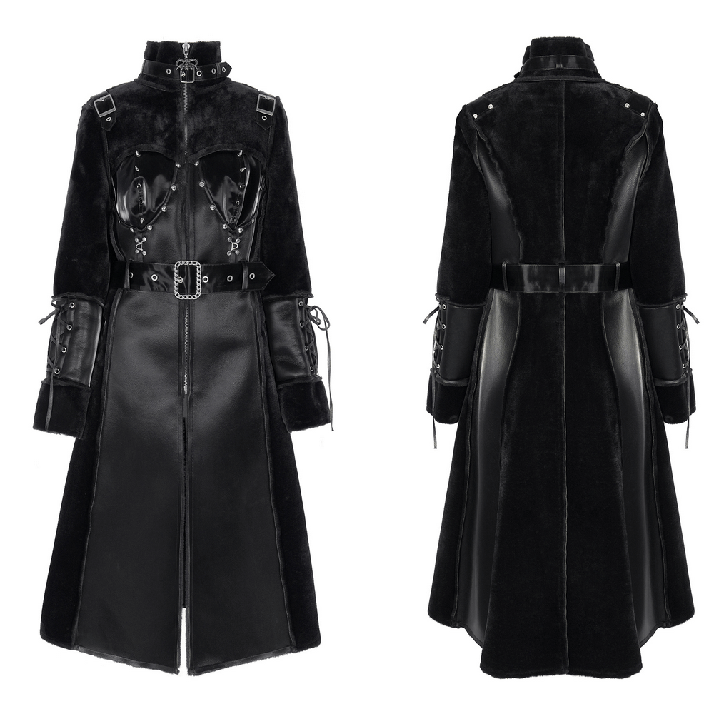 Gothic Faux Leather and Velvet Long Coat with Buckle Detail