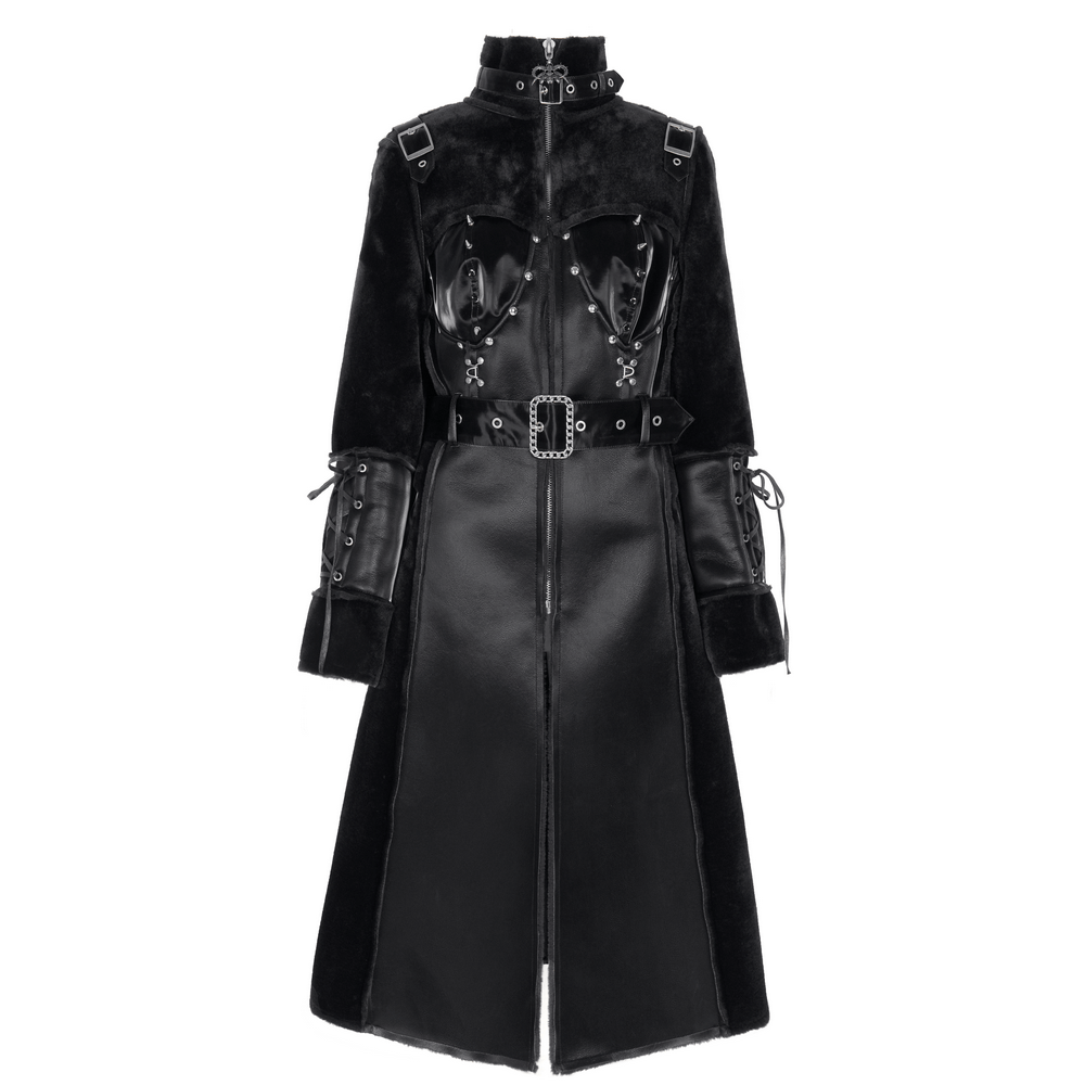 Gothic Faux Leather and Velvet Long Coat with Buckle Detail
