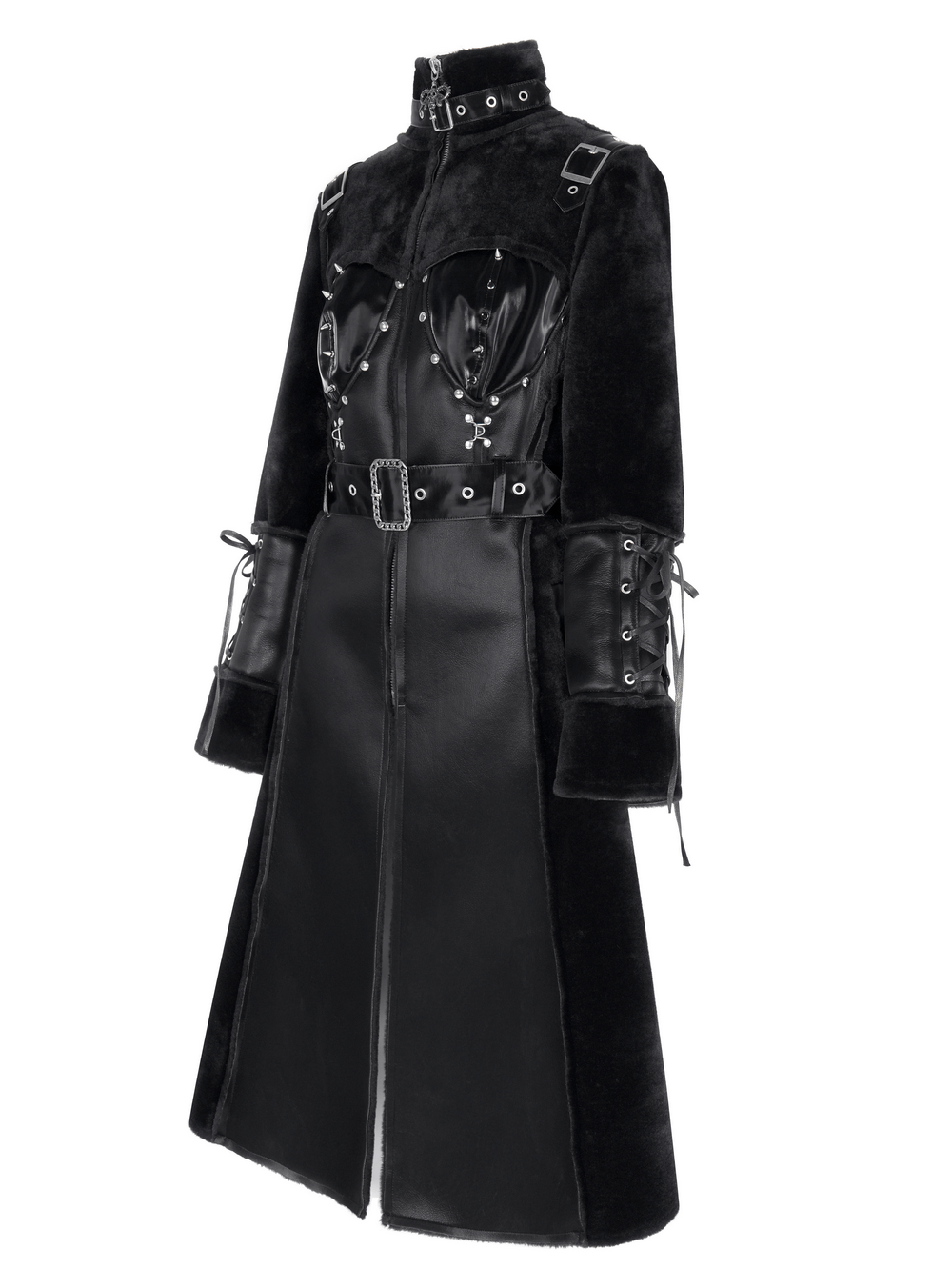 Gothic Faux Leather and Velvet Long Coat with Buckle Detail