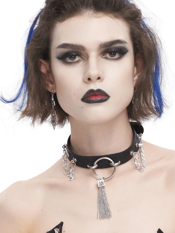 Gothic Faux Leather Choker With Metallic Tassels / Studded Punk Accessories