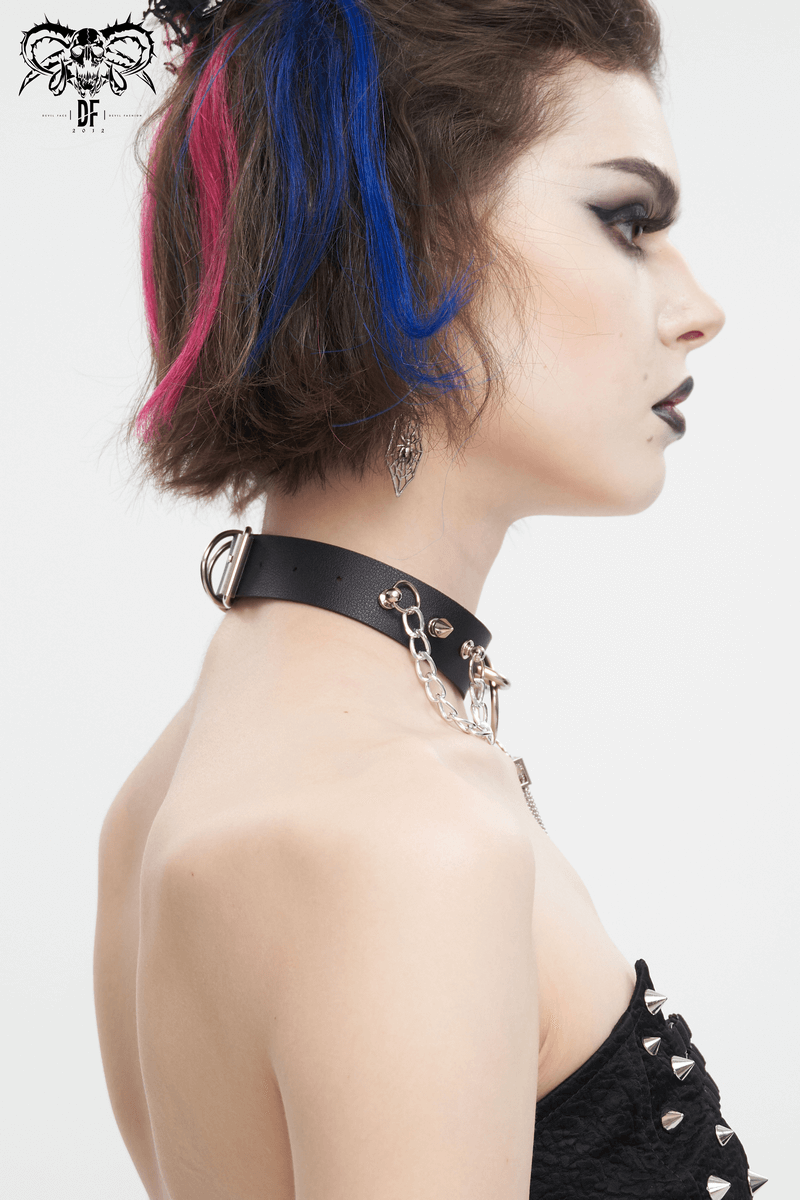 Gothic Faux Leather Choker With Metallic Tassels / Studded Punk Accessories
