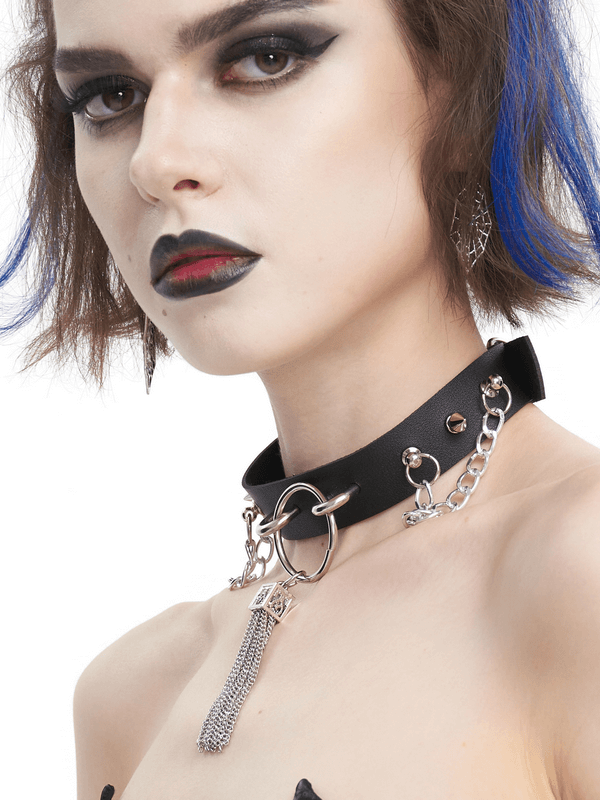 Gothic Faux Leather Choker With Metallic Tassels / Studded Punk Accessories