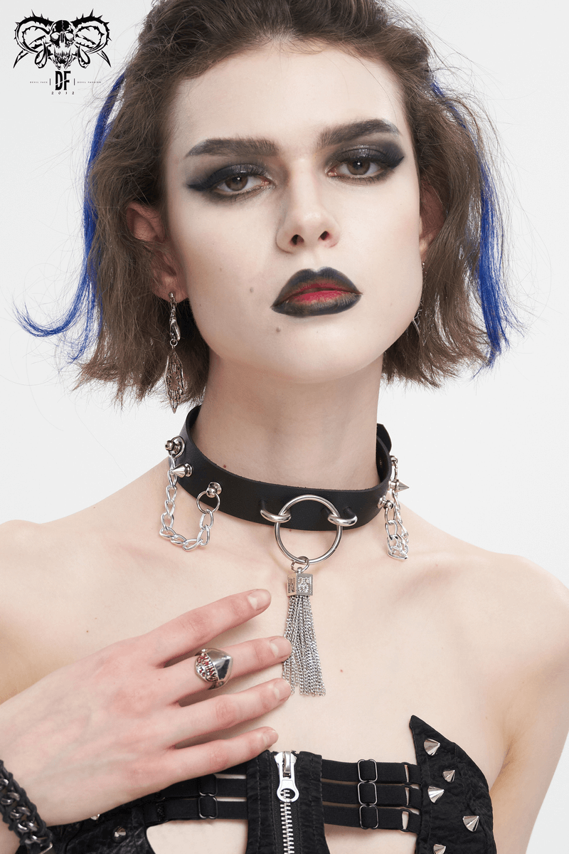 Gothic Faux Leather Choker With Metallic Tassels / Studded Punk Accessories