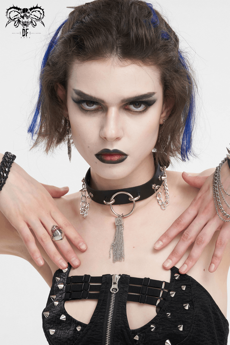 Gothic Faux Leather Choker With Metallic Tassels / Studded Punk Accessories