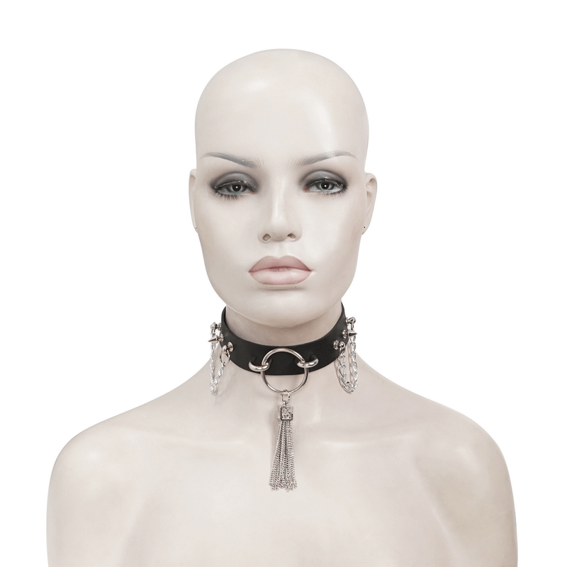 Gothic Faux Leather Choker With Metallic Tassels / Studded Punk Accessories