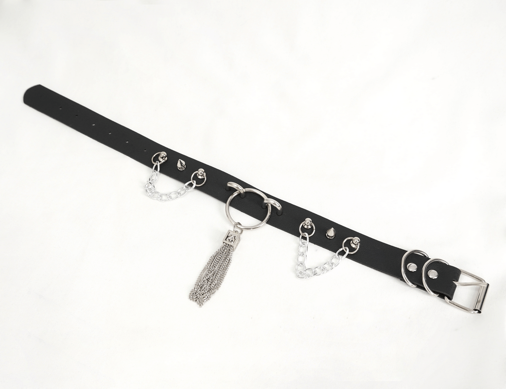 Gothic Faux Leather Choker With Metallic Tassels / Studded Punk Accessories