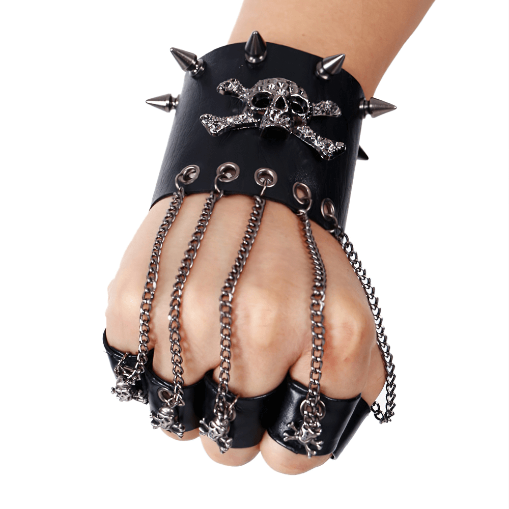 Gothic Faux Leather Glove Bracelet with Skull and Chains