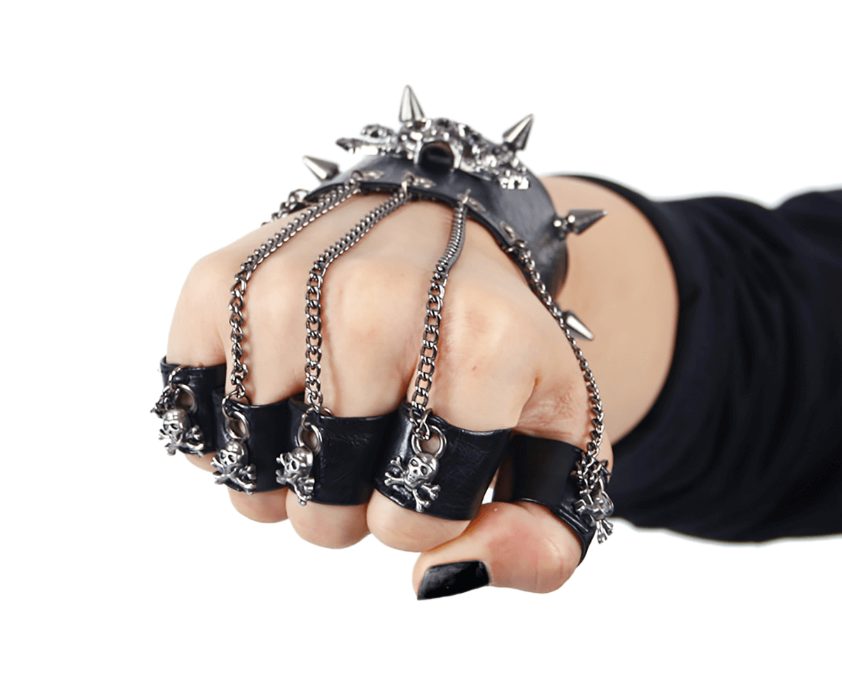 Gothic Faux Leather Glove Bracelet with Skull and Chains