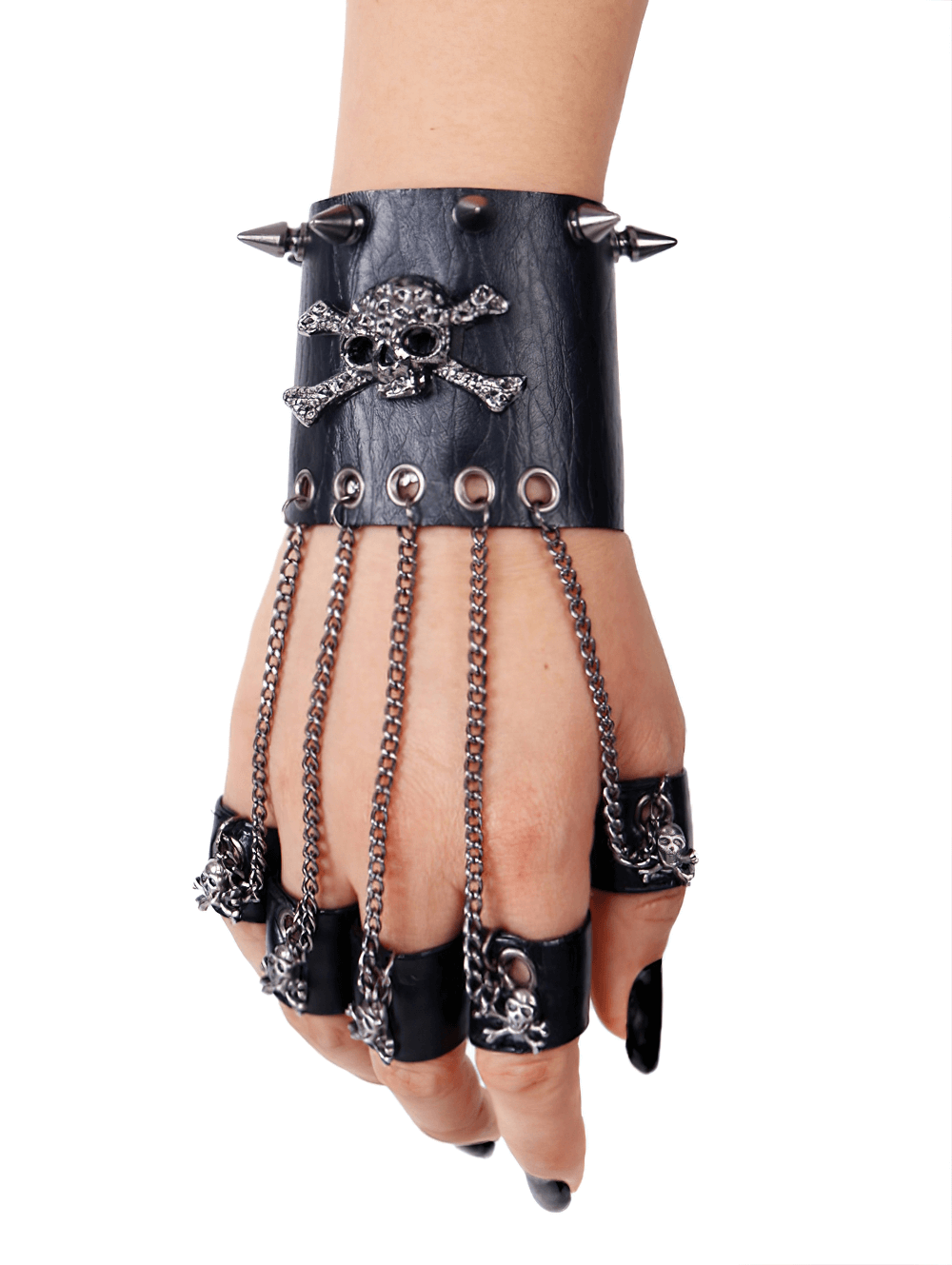 Gothic Faux Leather Glove Bracelet with Skull and Chains