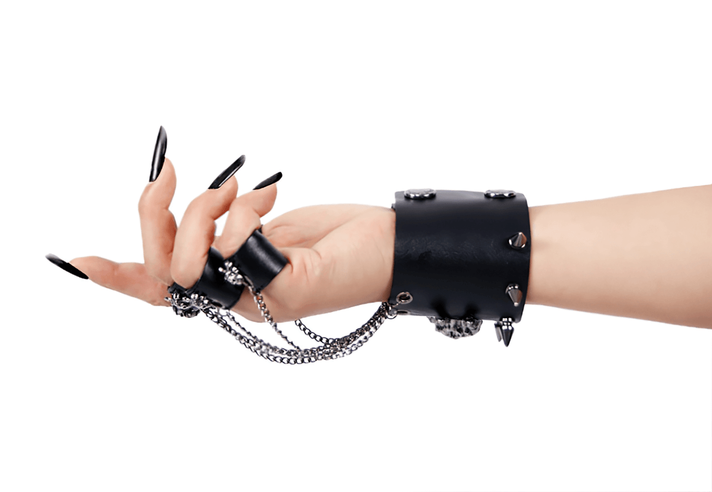 Gothic Faux Leather Glove Bracelet with Skull and Chains