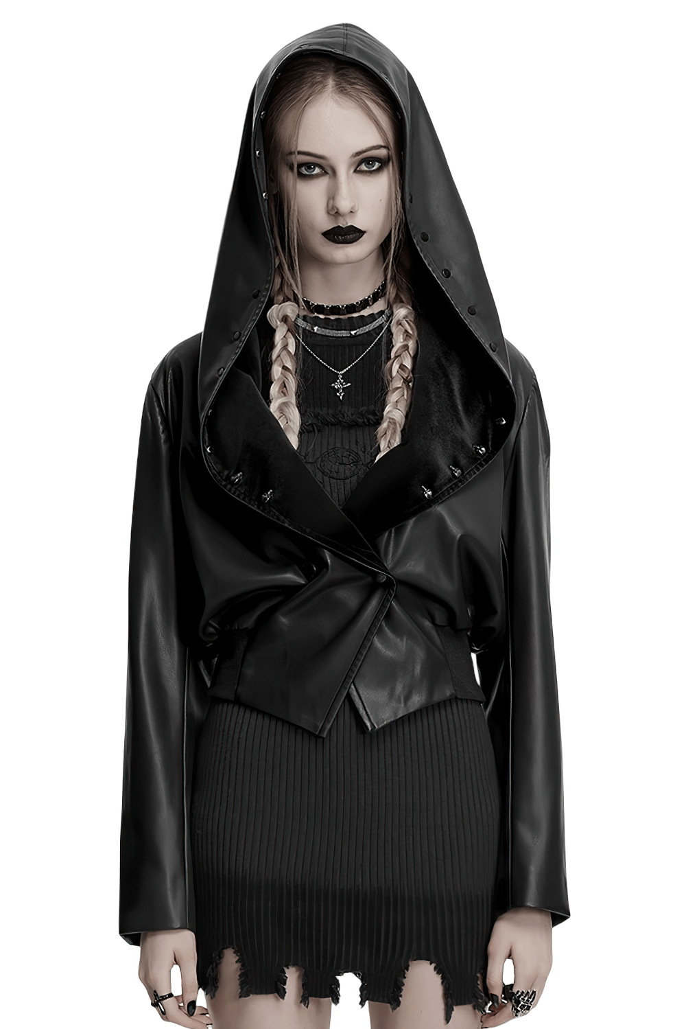 Gothic Faux Leather Jacket with Skull-Studded Brim