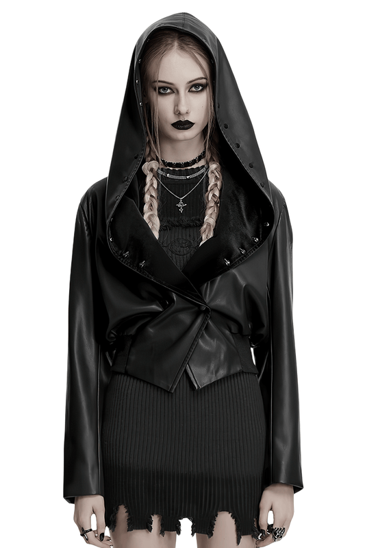 Gothic Faux Leather Jacket with Skull-Studded Brim