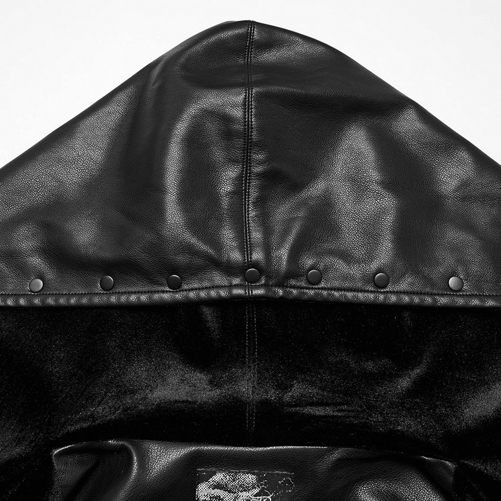 Gothic Faux Leather Jacket with Skull-Studded Brim