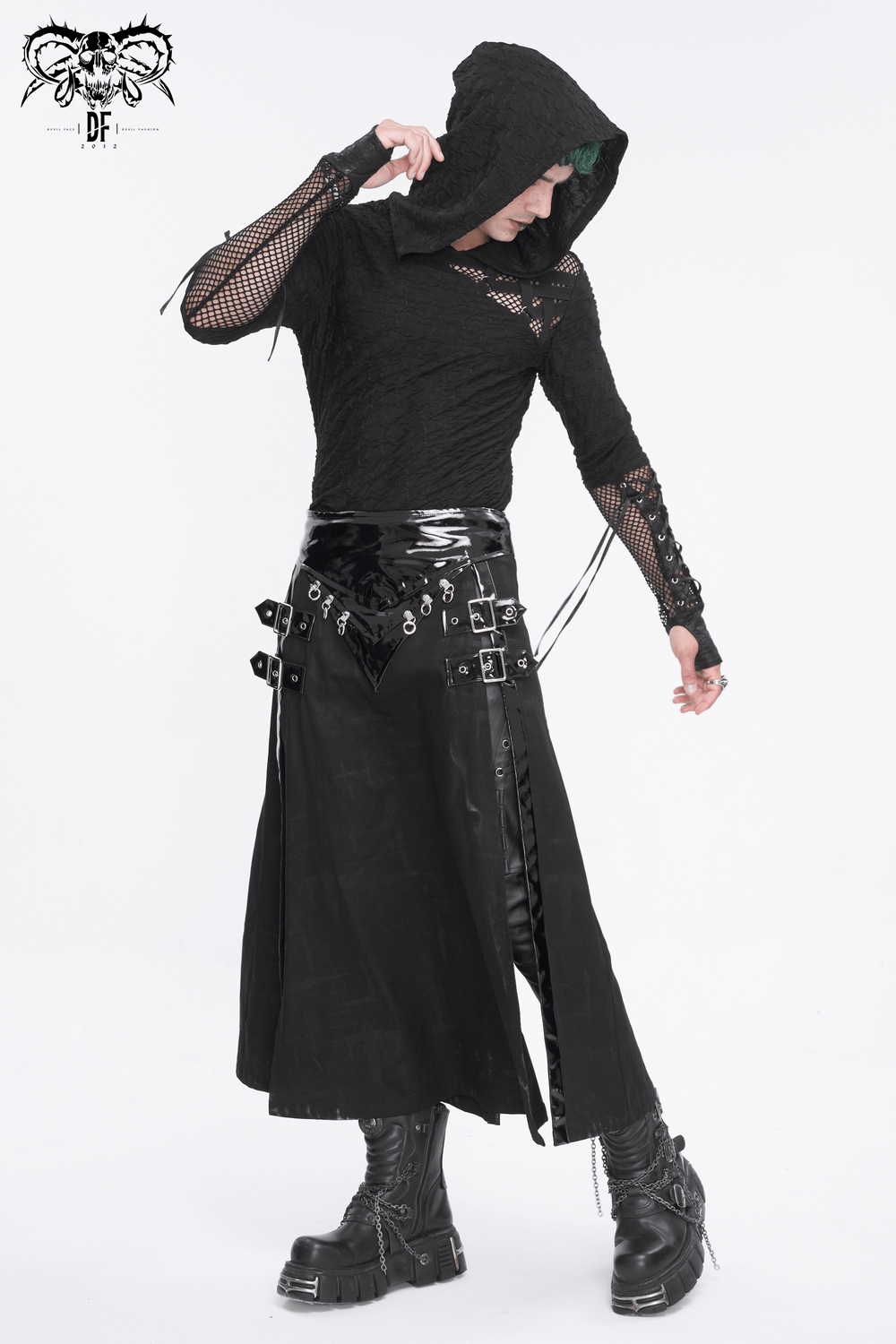 Gothic Faux Leather Kilt Skirt with Chains and Buckles
