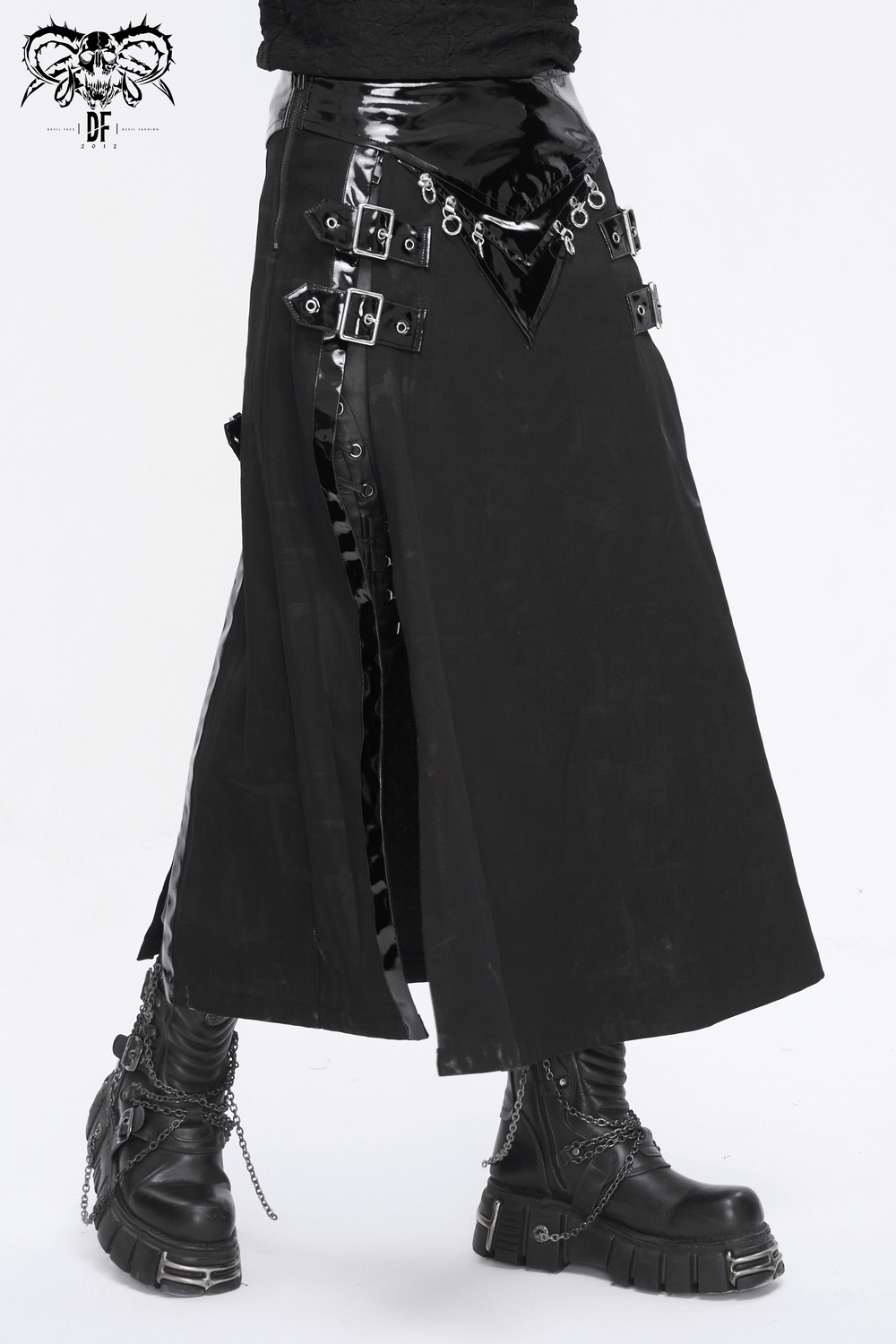 Gothic Faux Leather Kilt Skirt with Chains and Buckles