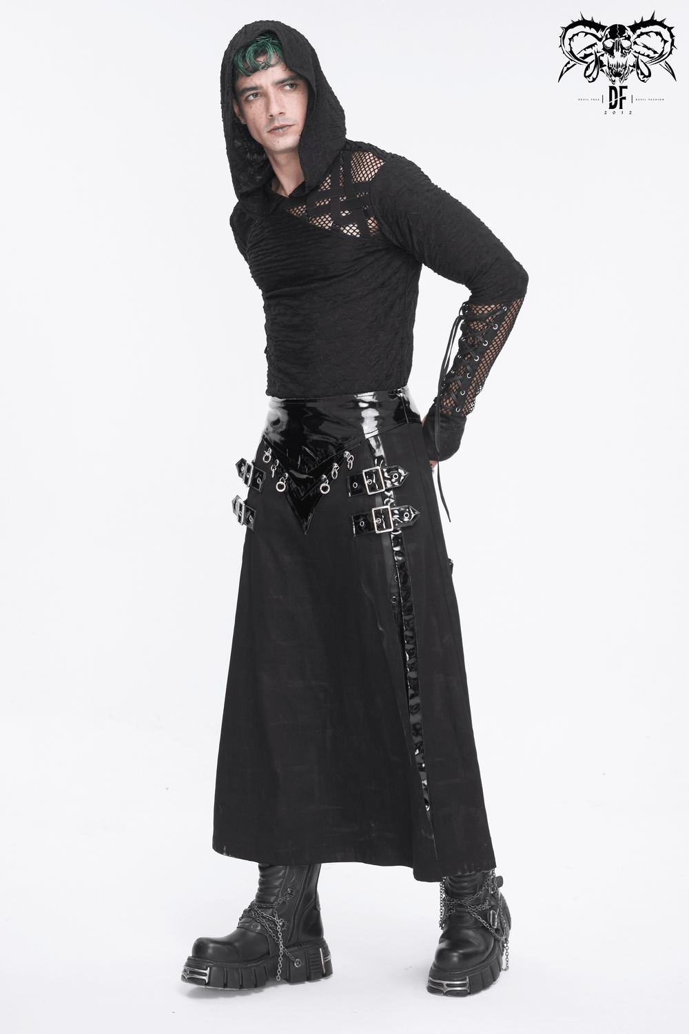 Gothic Faux Leather Kilt Skirt with Chains and Buckles