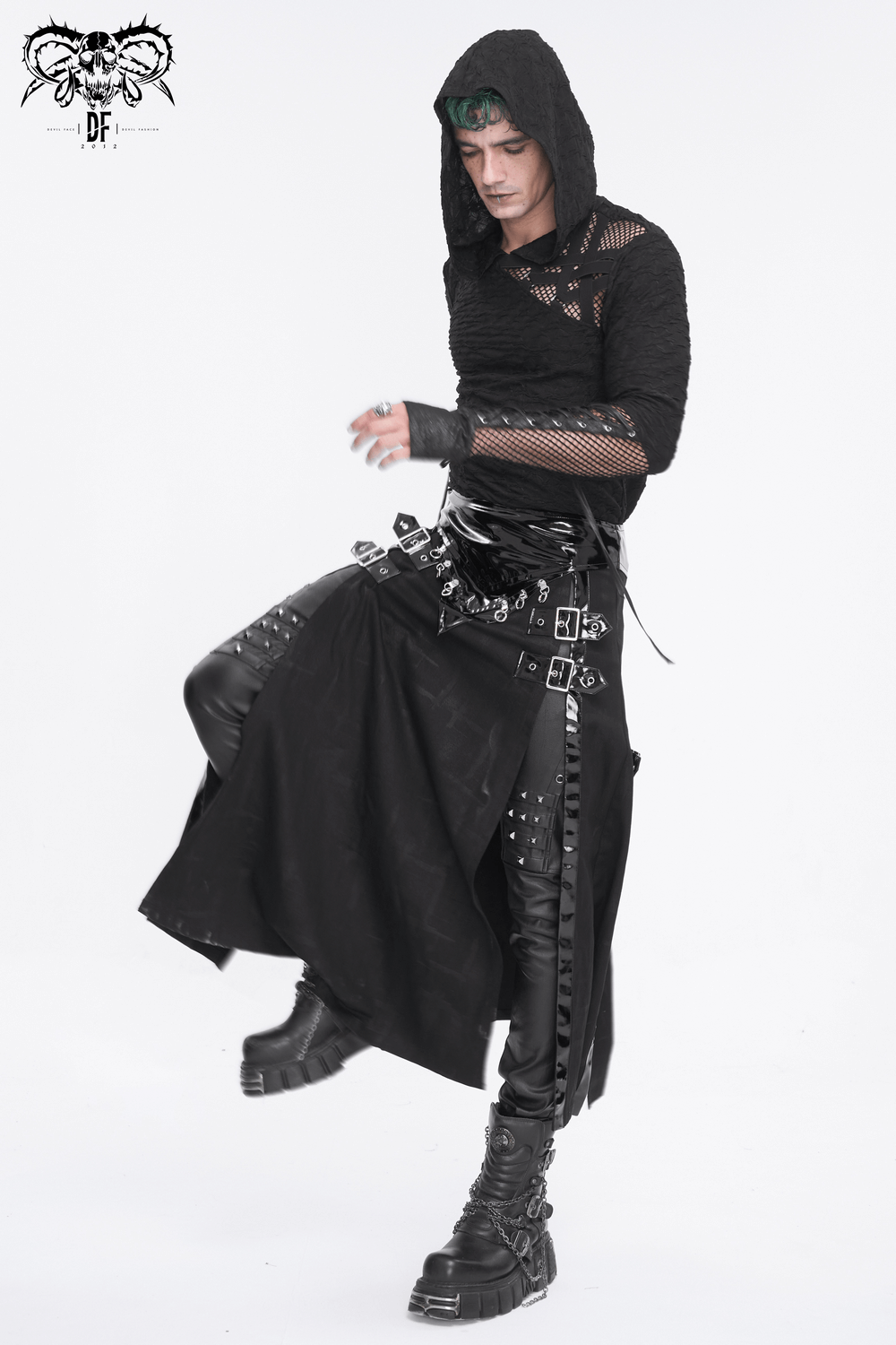 Gothic Faux Leather Kilt Skirt with Chains and Buckles