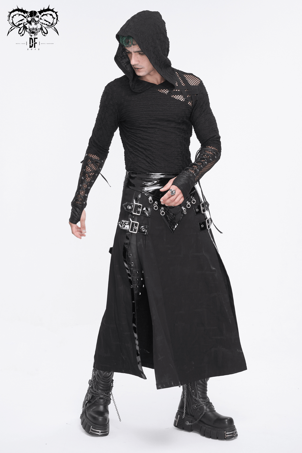 Gothic Faux Leather Kilt Skirt with Chains and Buckles