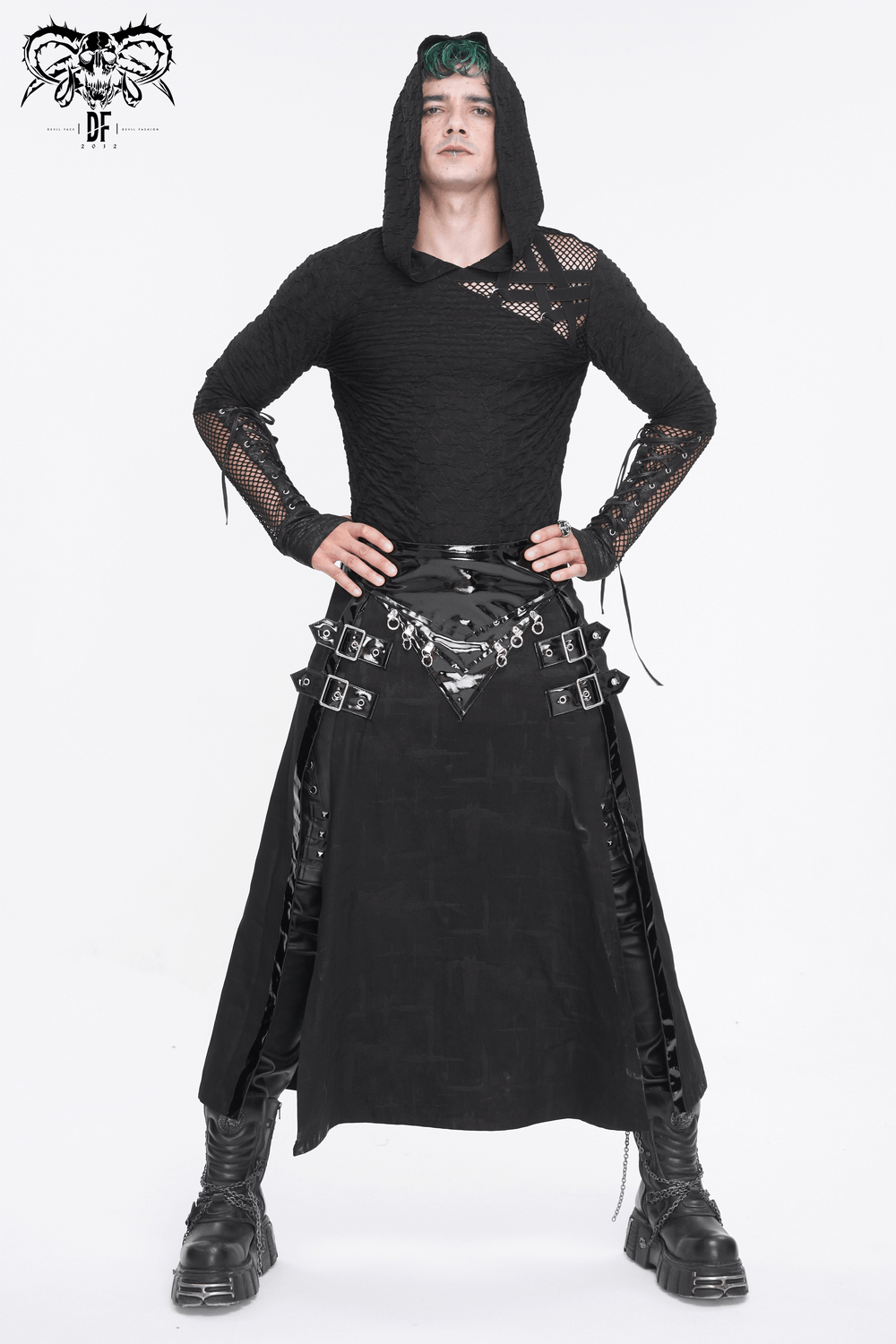 Gothic Faux Leather Kilt Skirt with Chains and Buckles
