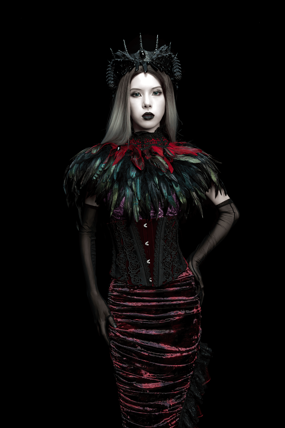 Gothic Feather and Lace Cape with Reversible Design