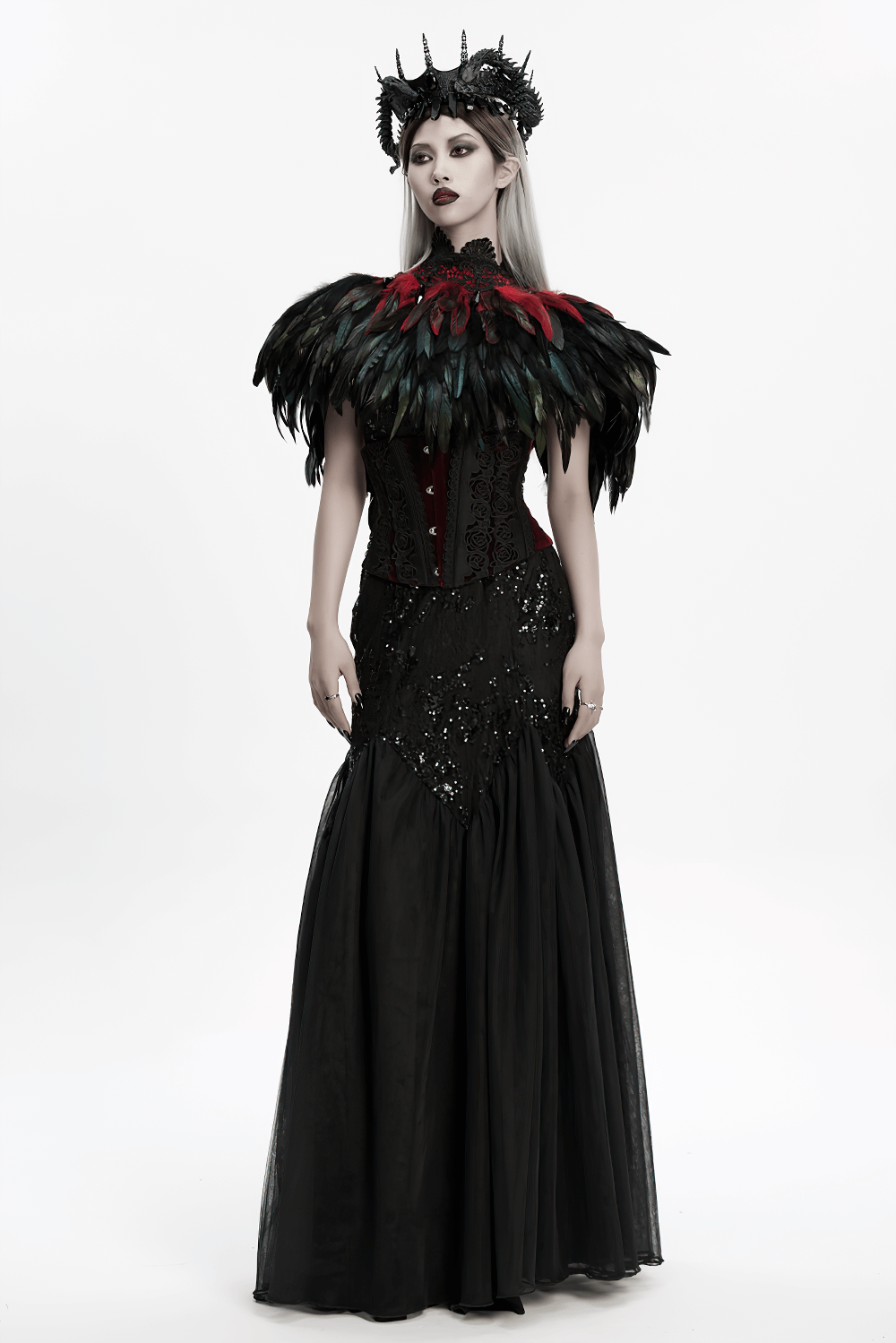Gothic Feather and Lace Cape with Reversible Design