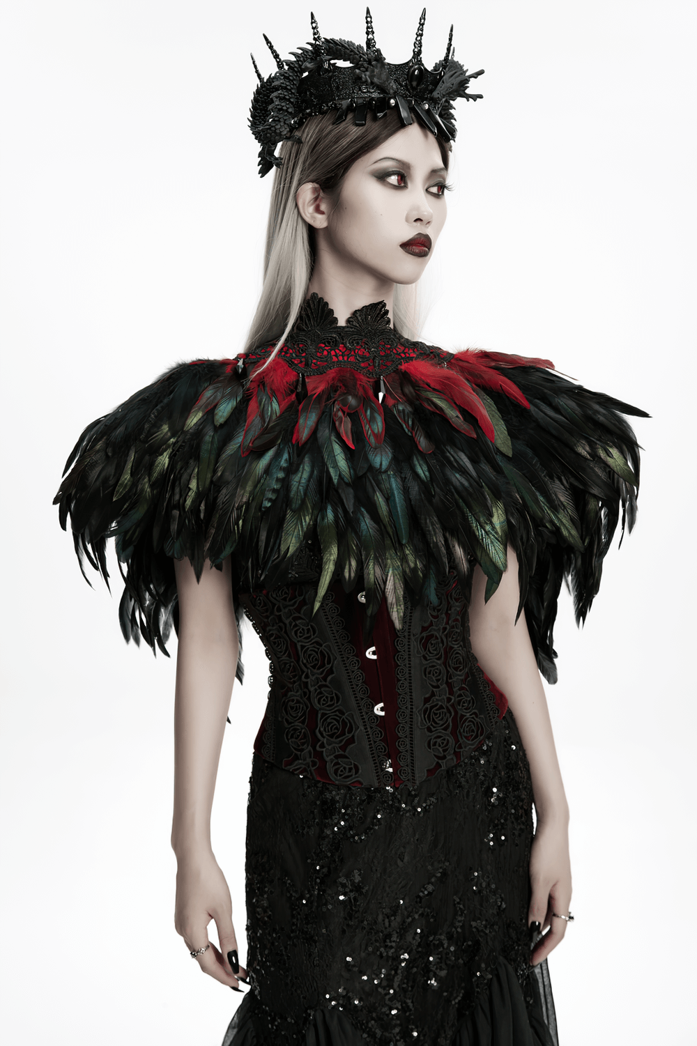 Gothic Feather and Lace Cape with Reversible Design