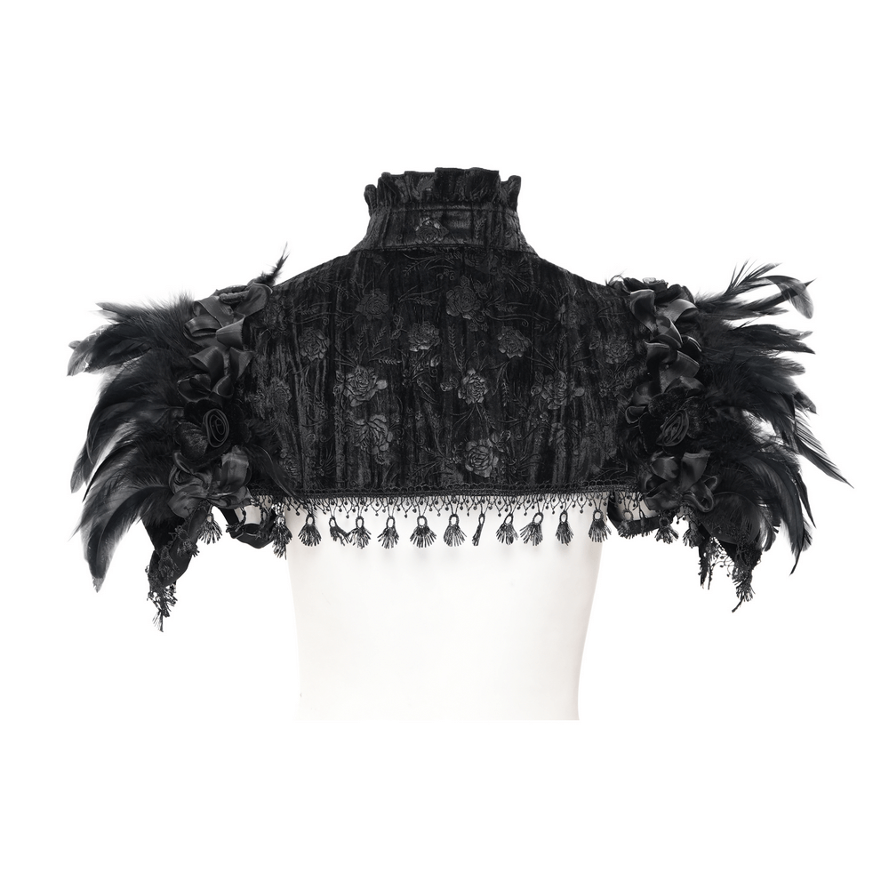 Gothic Feathered Cape with Lace Trims and Velvet Roses