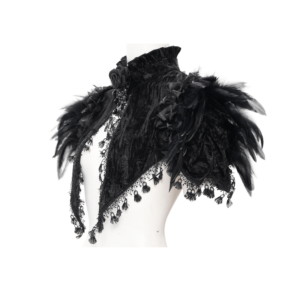 Gothic Feathered Cape with Lace Trims and Velvet Roses