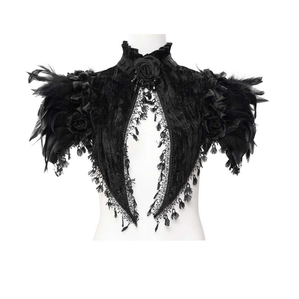 Gothic Feathered Cape with Lace Trims and Velvet Roses