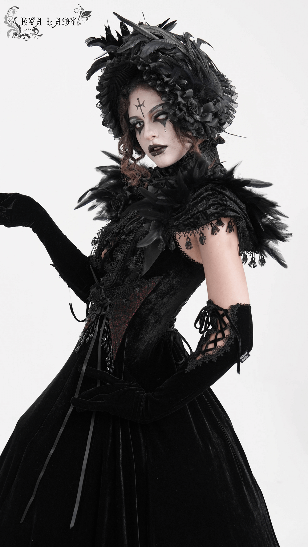 Gothic Feathered Cape with Lace Trims and Velvet Roses